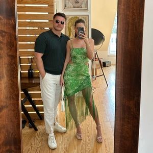 Embroidered Tie Back Tassel Midi - Green Dress